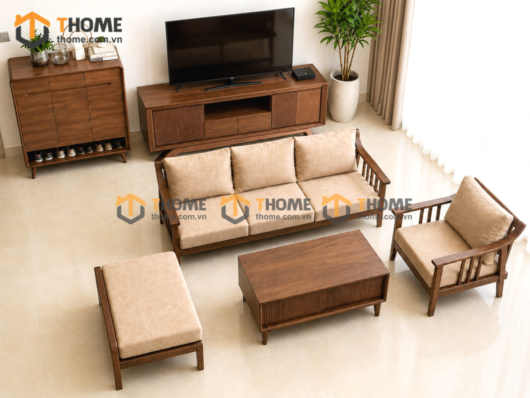 Thiết Kế Bộ Phòng Khách Gỗ Sồi Tự Nhiên Số 04 Chân Quỳ TKPK-04SN