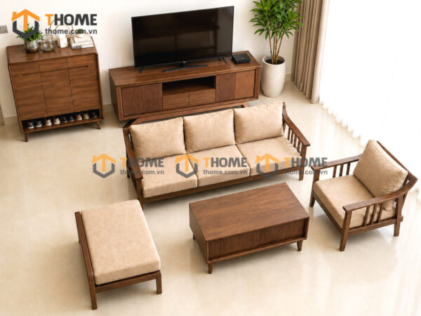 Thiết Kế Bộ Phòng Khách Gỗ Sồi Tự Nhiên Số 04 Chân Quỳ TKPK-04SN