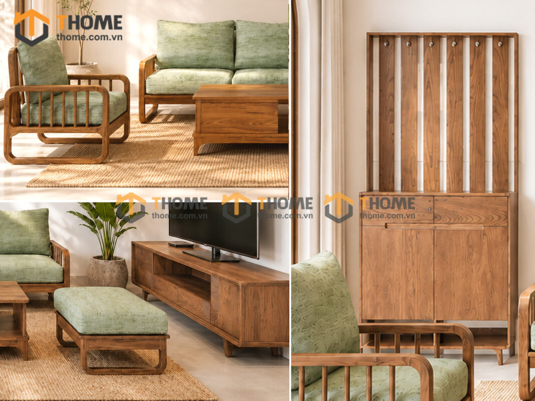 Thiết Kế Bộ Phòng Khách Gỗ Sồi Tự Nhiên Số 05 Chân Quỳ TKPK-05SN