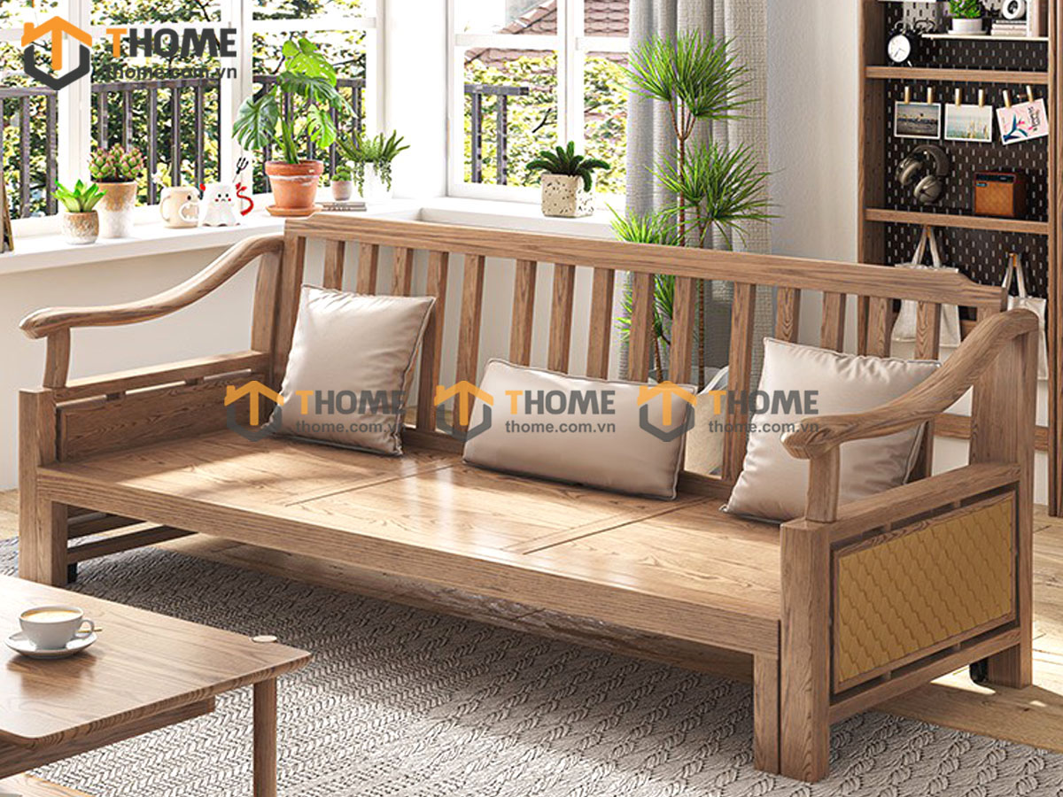 Sofa giường gỗ sồi tự nhiên Nordic tay cong SFB-06SN