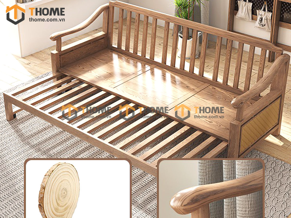 Sofa giường gỗ sồi tự nhiên Nordic tay cong SFB-06SN