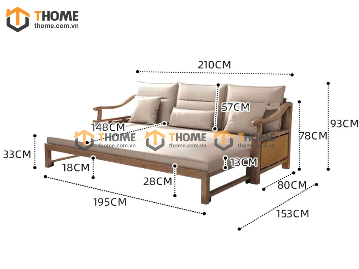 Sofa giường gỗ sồi tự nhiên Nordic tay cong SFB-06SN