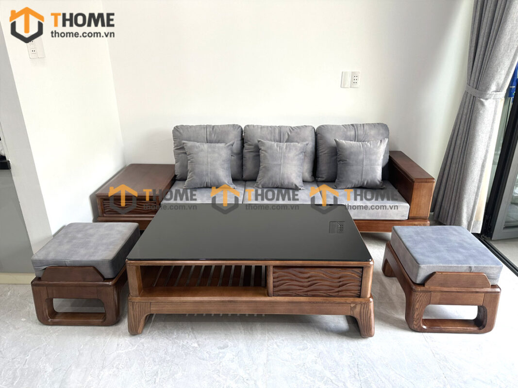 Sofa Bulova Mini Gỗ Sồi Tự Nhiên 4 Món Chân Vuông Màu Óc Chó SFĐ-24SN