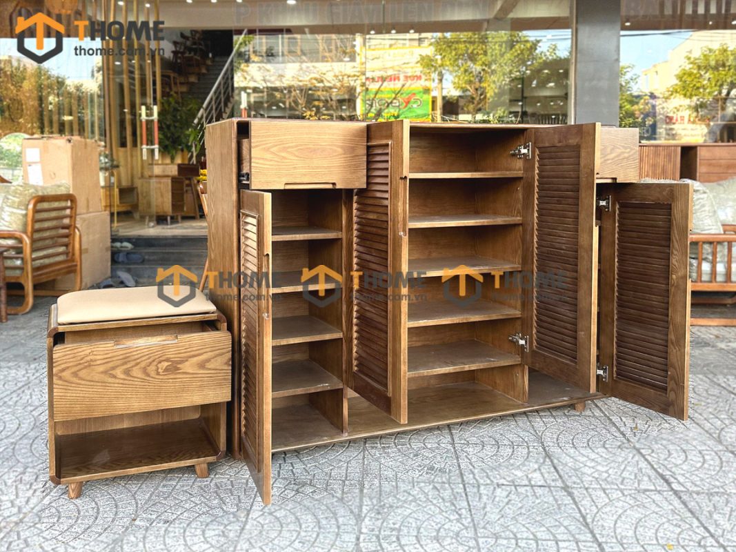 Tủ giày gỗ sồi tự nhiên kèm ghế ngồi TG-13SN