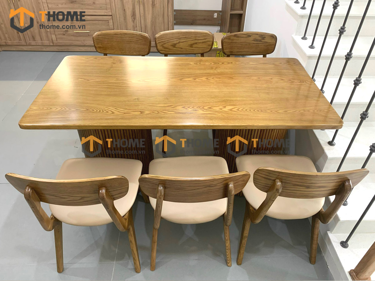 Bộ Bàn Ăn Chân Thùng Lan Sọc 6 Ghế (Nhiều Mẫu Ghế) Gỗ Sồi Tự Nhiên BBA6-15SN