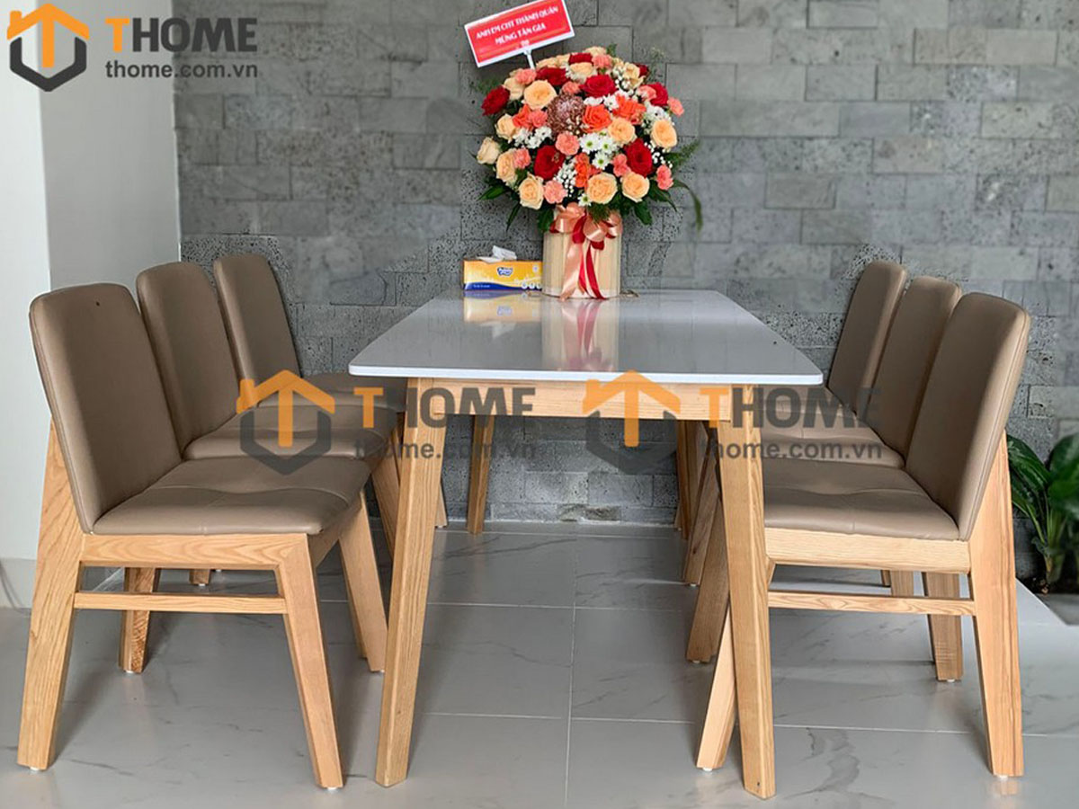 Bộ Bàn Ăn Mặt Đá Capri 6 Ghế (Nhiều Mẫu Ghế) Gỗ Sồi Tự Nhiên BBA6-05SN