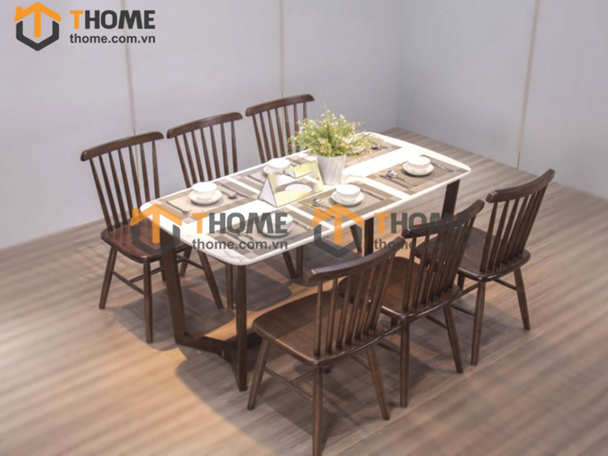 Bộ Bàn Ăn Mặt Đá Chân Xương Cá 6 Ghế (Nhiều Mẫu Ghế) Gỗ Sồi Tự Nhiên BBA6-08SN
