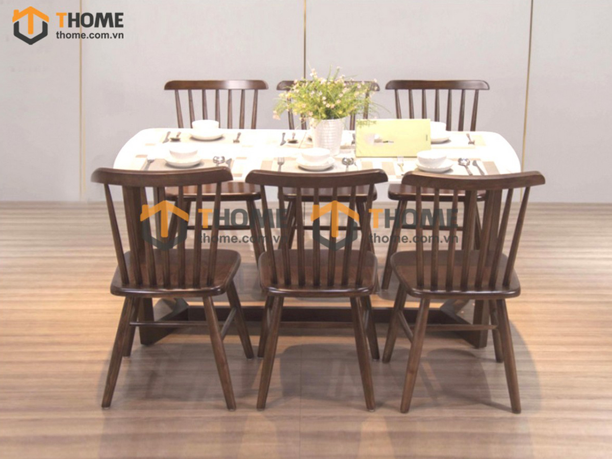 Bộ Bàn Ăn Mặt Đá Chân Xương Cá 6 Ghế (Nhiều Mẫu Ghế) Gỗ Sồi Tự Nhiên BBA6-08SN
