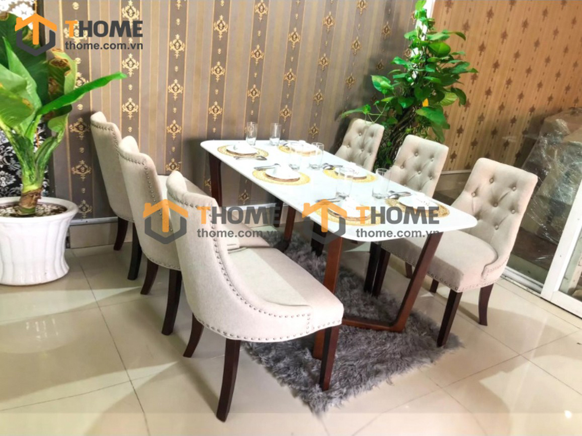 Bộ Bàn Ăn Mặt Đá Chân Xương Cá 6 Ghế (Nhiều Mẫu Ghế) Gỗ Sồi Tự Nhiên BBA6-08SN