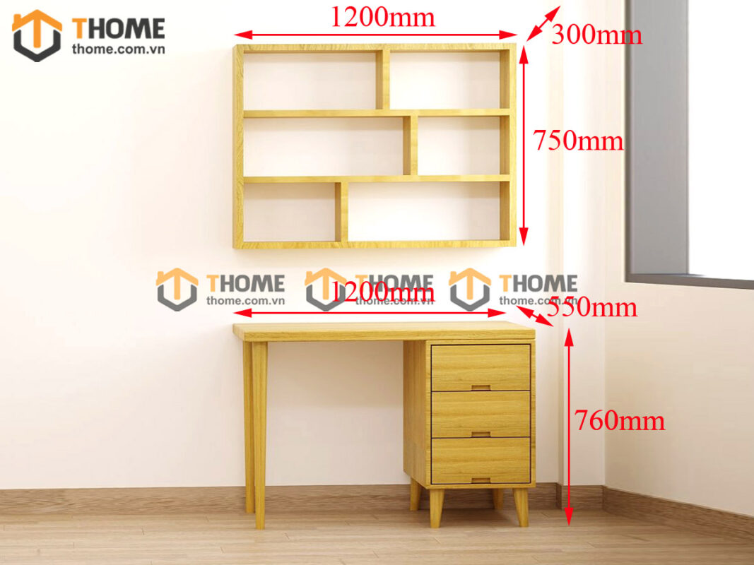Bàn Làm Việc Gỗ Sồi Tự Nhiên OP Kết Hợp Kệ Sách Treo Tường BLV2T-07SN