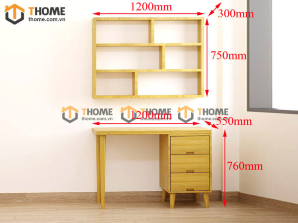 Bàn Làm Việc Gỗ Sồi Tự Nhiên OP Kết Hợp Kệ Sách Treo Tường BLV2T-07SN