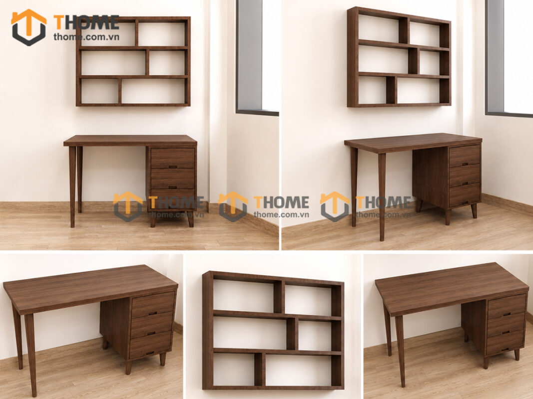 Bàn Làm Việc Gỗ Sồi Tự Nhiên OP Kết Hợp Kệ Sách Treo Tường BLV2T-07SN