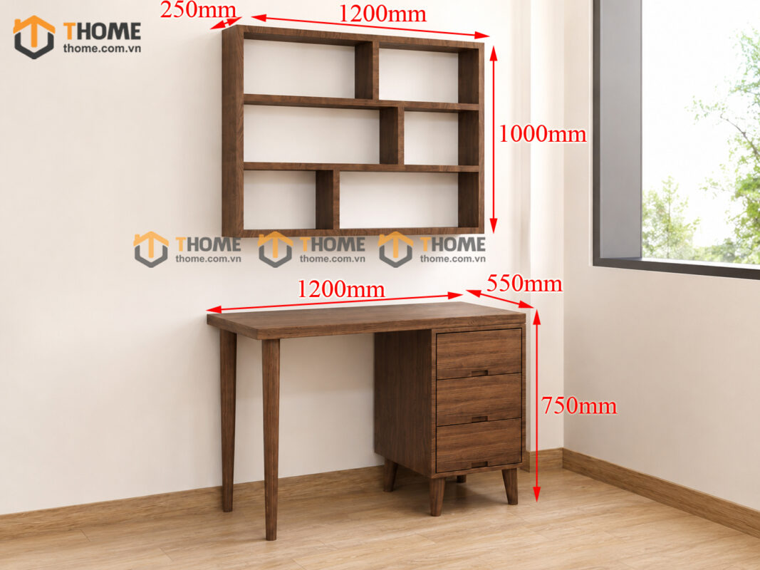 Bàn Làm Việc Gỗ Sồi Tự Nhiên OP Kết Hợp Kệ Sách Treo Tường BLV2T-07SN