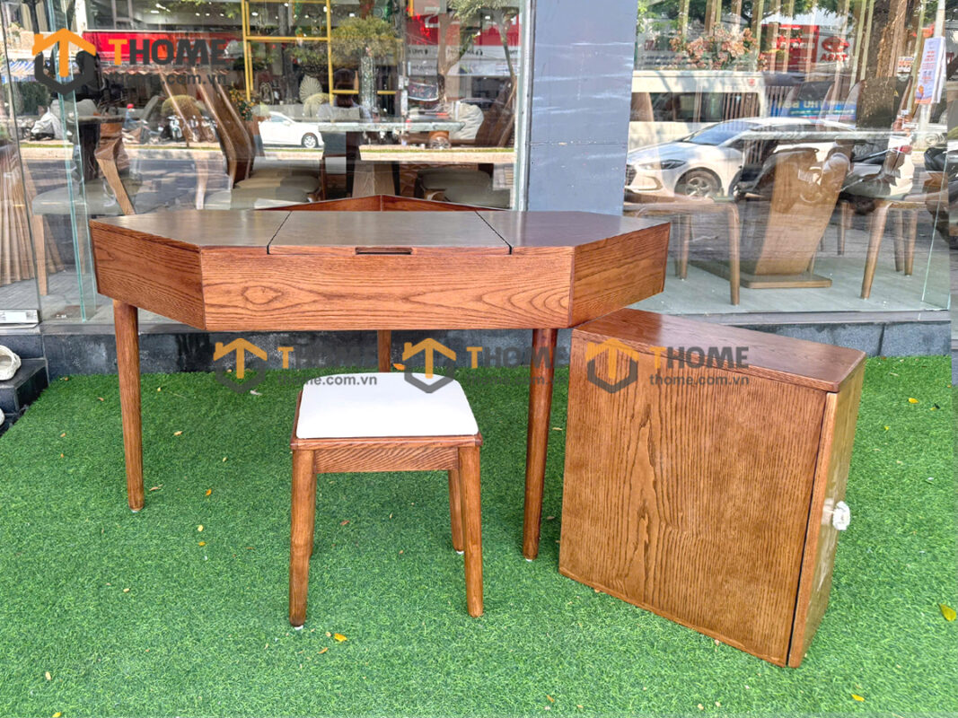 Bàn Trang Điểm Góc Gỗ Sồi Tự Nhiên Luxury Nắp Lật Có Hộc Kéo BTD-12SN