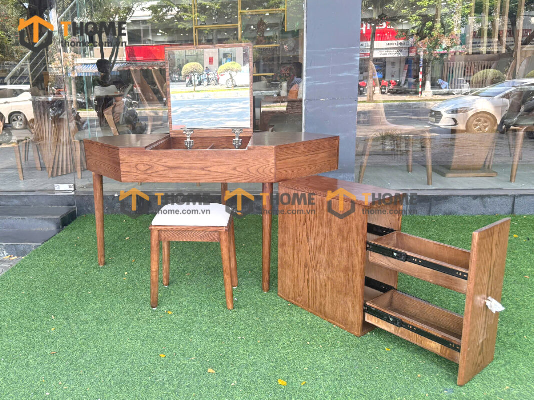 Bàn Trang Điểm Góc Gỗ Sồi Tự Nhiên Luxury Nắp Lật Có Hộc Kéo BTD-12SN