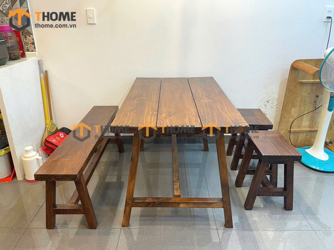 Bàn Ghế Cafe Mặt Chữ Nhật Gỗ Thông Tự Nhiên BGCF-01GO