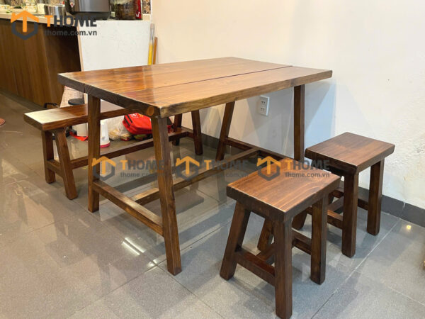 Bàn Ghế Cafe Mặt Chữ Nhật Gỗ Thông Tự Nhiên BGCF-01GO