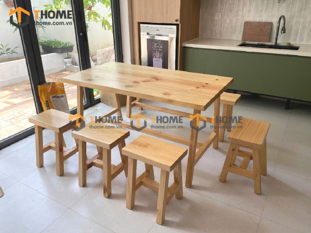 Bàn Ghế Cafe Mặt Chữ Nhật Gỗ Thông Tự Nhiên BGCF-01GO