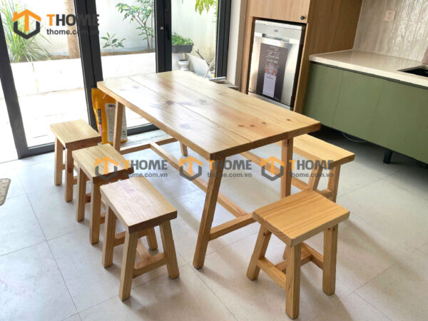 Bàn Ghế Cafe Mặt Chữ Nhật Gỗ Thông Tự Nhiên BGCF-01GO
