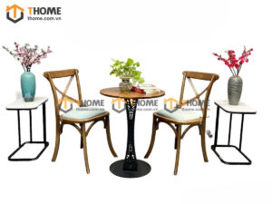 Bàn Ghế Cafe Mặt Gỗ Chân Sắt Tròn Kết Hơp 2 Ghế BGCF-25SAT
