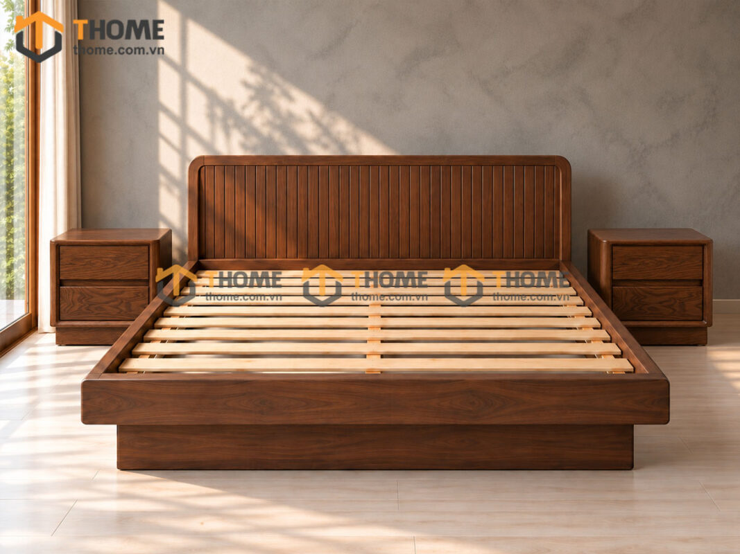 Giường Ngủ Gỗ Sồi Tự Nhiên Dạng Bay Đầu Sọc GN-22SN