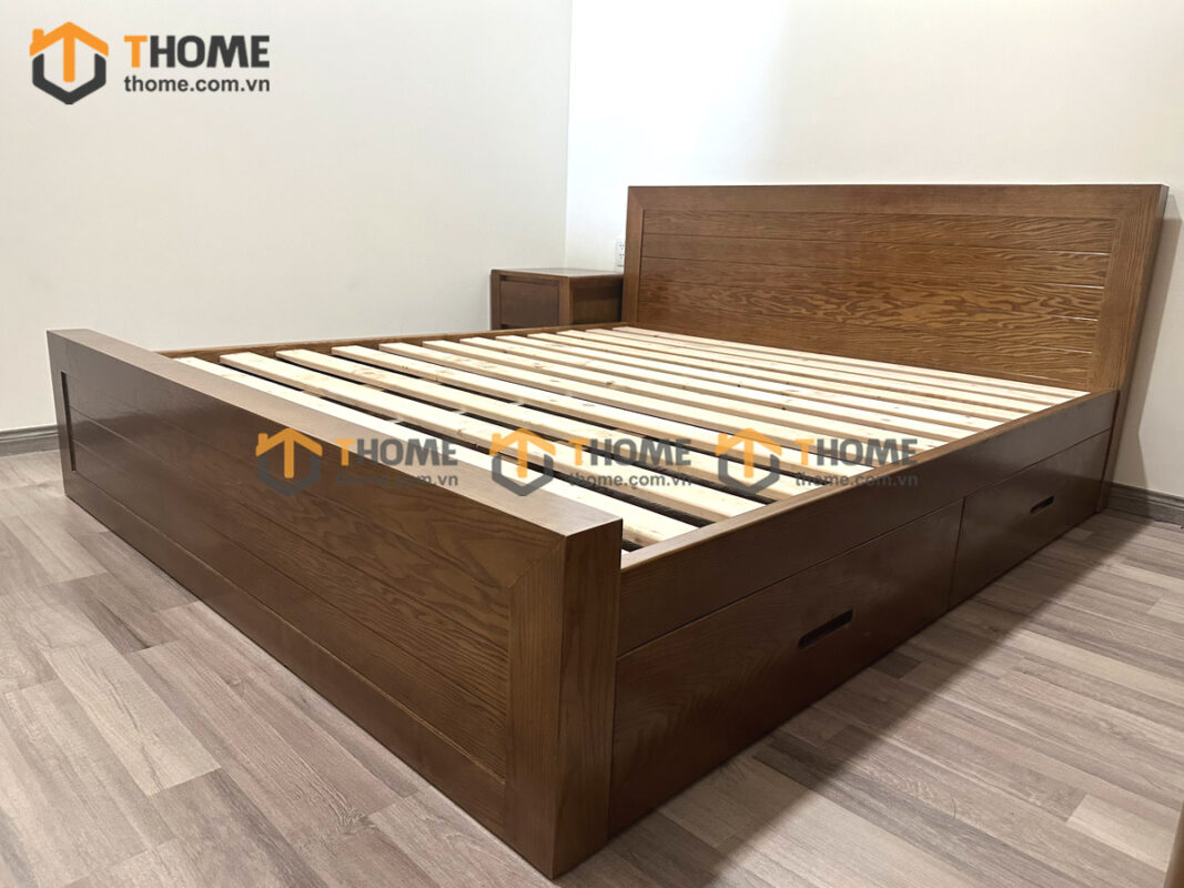 Giường ngủ gỗ sồi tự nhiên Cuba 2 hộc kéo màu óc chó GN-26SN
