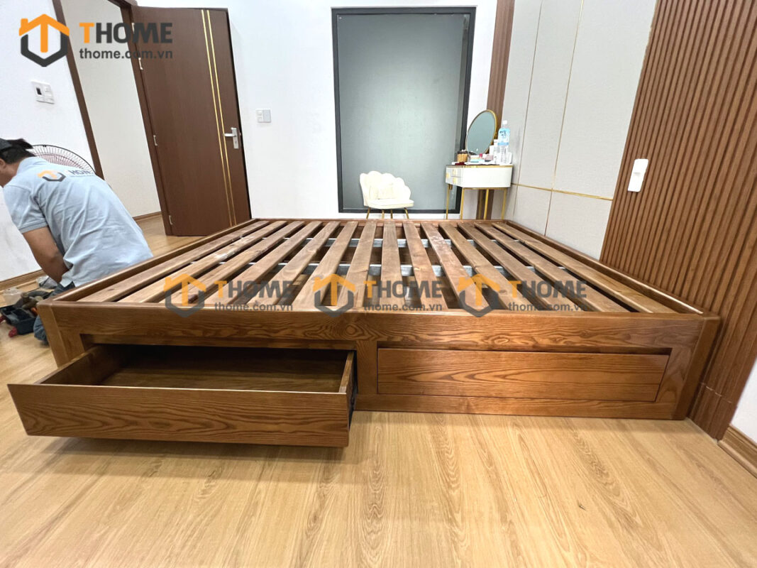 Giường ngủ gỗ sồi tự nhiên không đầu kiểu 04 GN-24SN