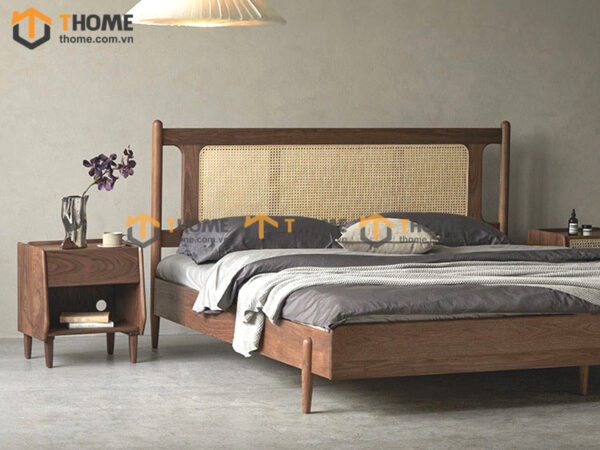 Giường ngủ Rew gỗ sồi tự nhiên đầu mây màu óc chó GN-19SN