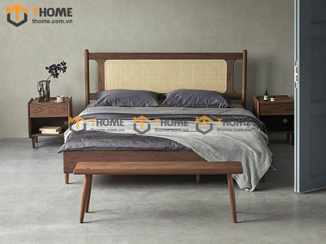 Giường ngủ gỗ sồi tự nhiên Rew đầu mây màu óc chó GN-19SN