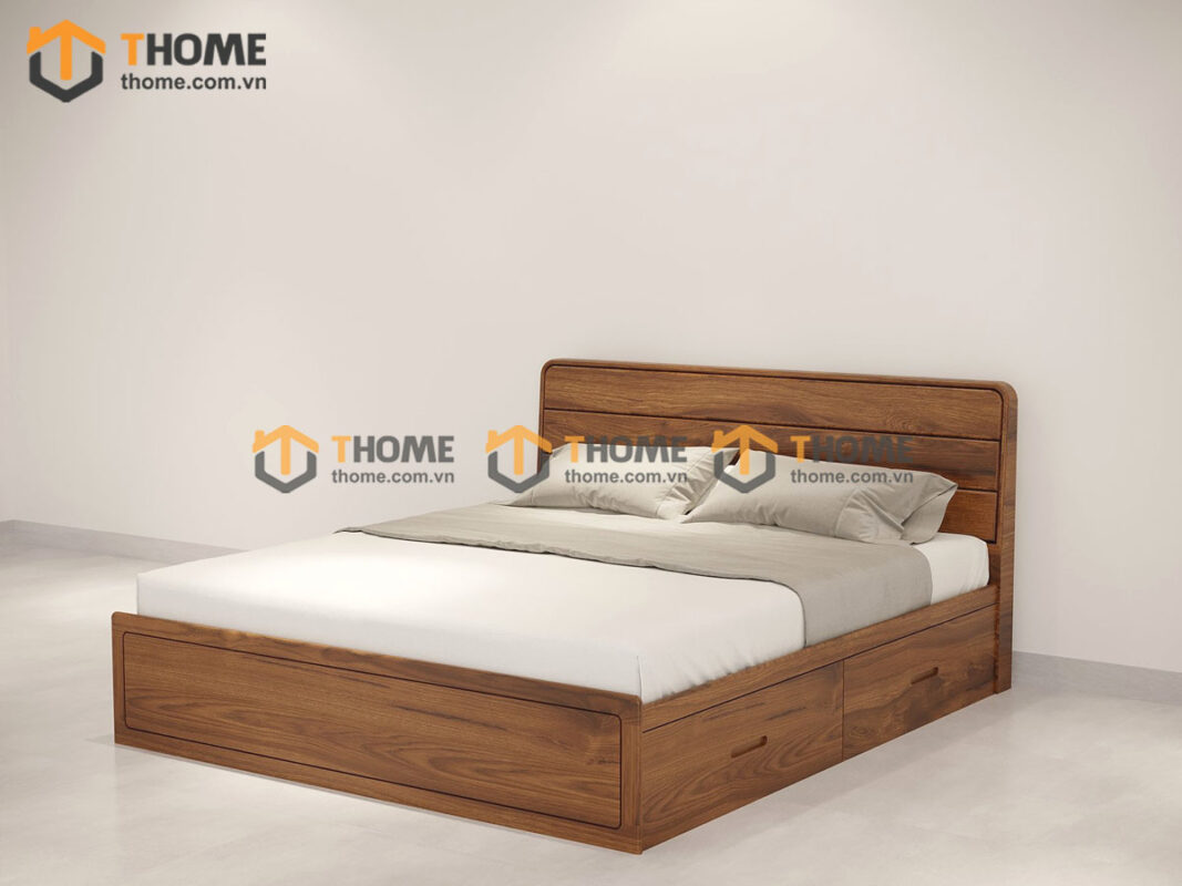 Giường ngủ gỗ sồi tự nhiên Tuti 2 hộc kéo màu óc chó GN-27SN