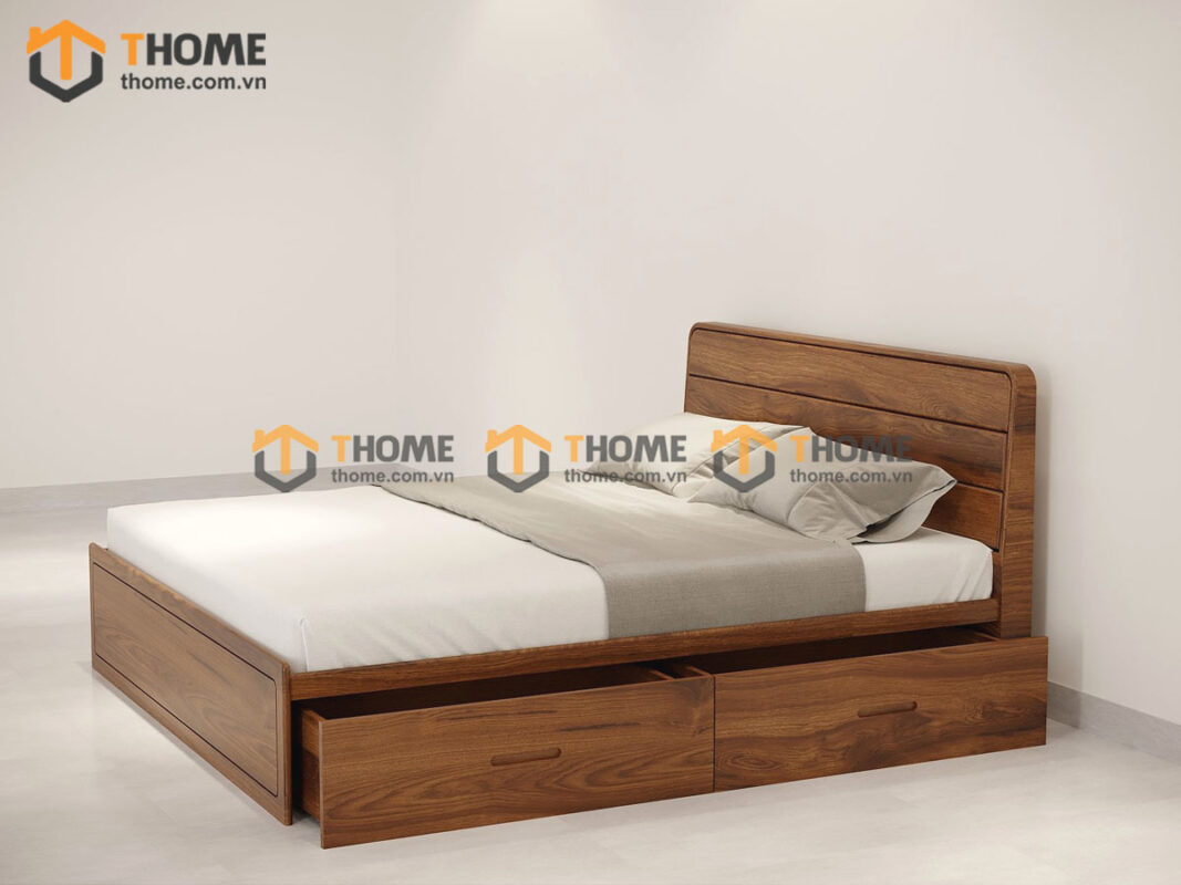 Giường ngủ gỗ sồi tự nhiên Tuti 2 hộc kéo màu óc chó GN-27SN