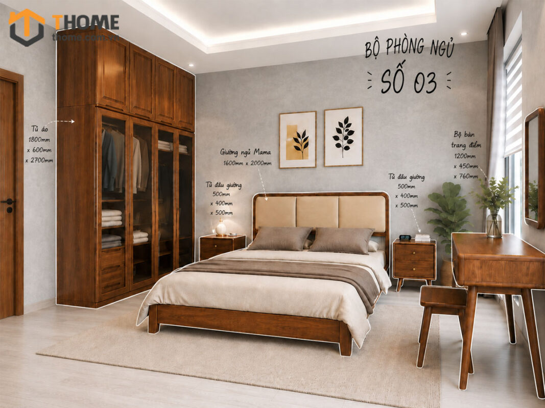Bộ Phòng Ngủ Số 03 Gỗ Sồi Tự Nhiên Giường Mama Đầu Nệm TKPN-03SN