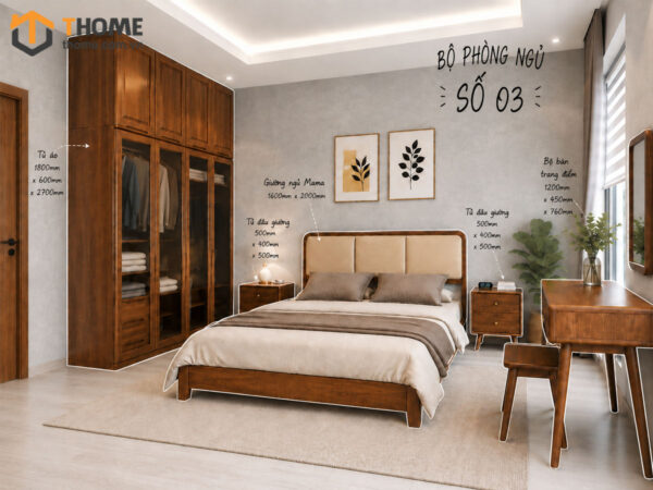 Bộ Phòng Ngủ Số 03 Gỗ Sồi Tự Nhiên Giường Mama Đầu Nệm TKPN-03SN