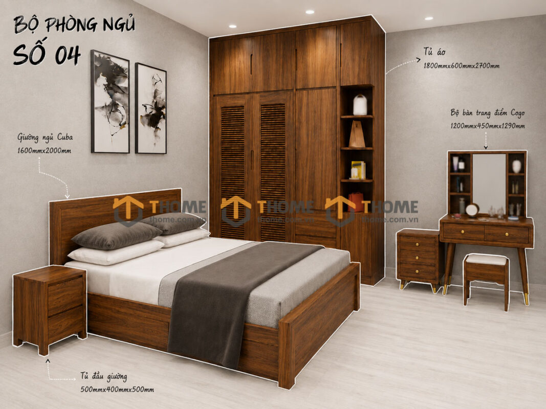 Bộ Phòng Ngủ Số 04 Gỗ Sồi Tự Nhiên Giường Cuba TKPN-04SN