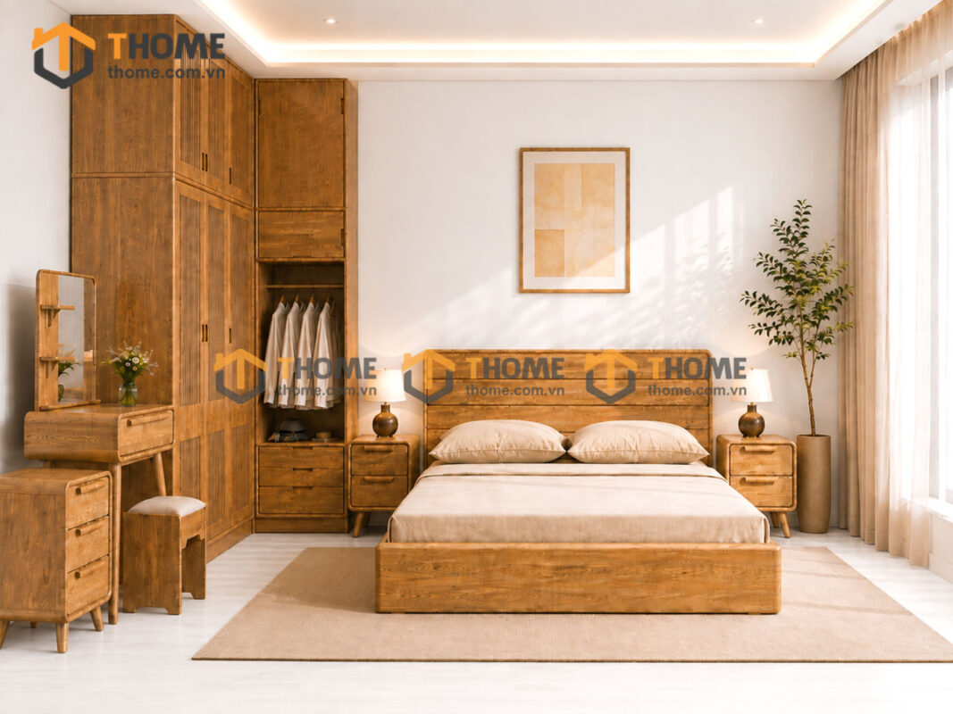 Bộ Phòng Ngủ Số 05 Gỗ Sồi Tự Nhiên Giường Cuba TKPN-05SN