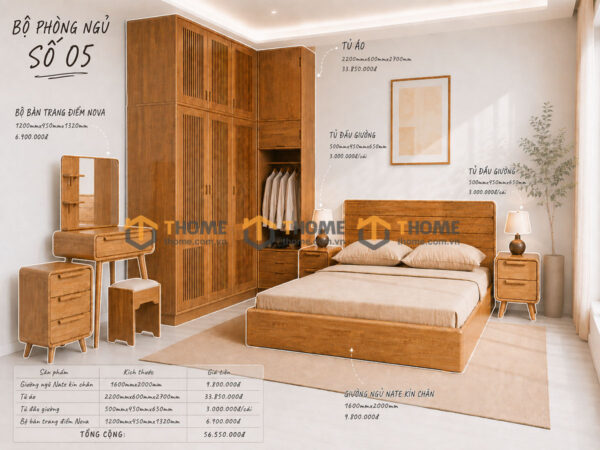 Bộ Phòng Ngủ Số 05 Gỗ Sồi Tự Nhiên Giường Nate Kín Chân TKPN-05SN