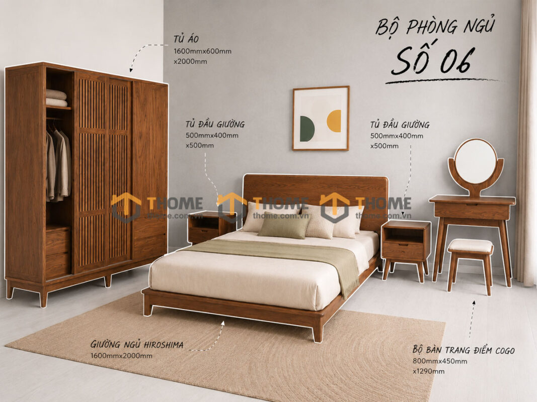 Bộ Phòng Ngủ Số 06 Gỗ Sồi Tự Nhiên Giường Hirohima TKPN-06SN