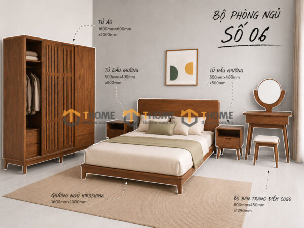 Bộ Phòng Ngủ Số 06 Gỗ Sồi Tự Nhiên Giường Hirohima TKPN-06SN