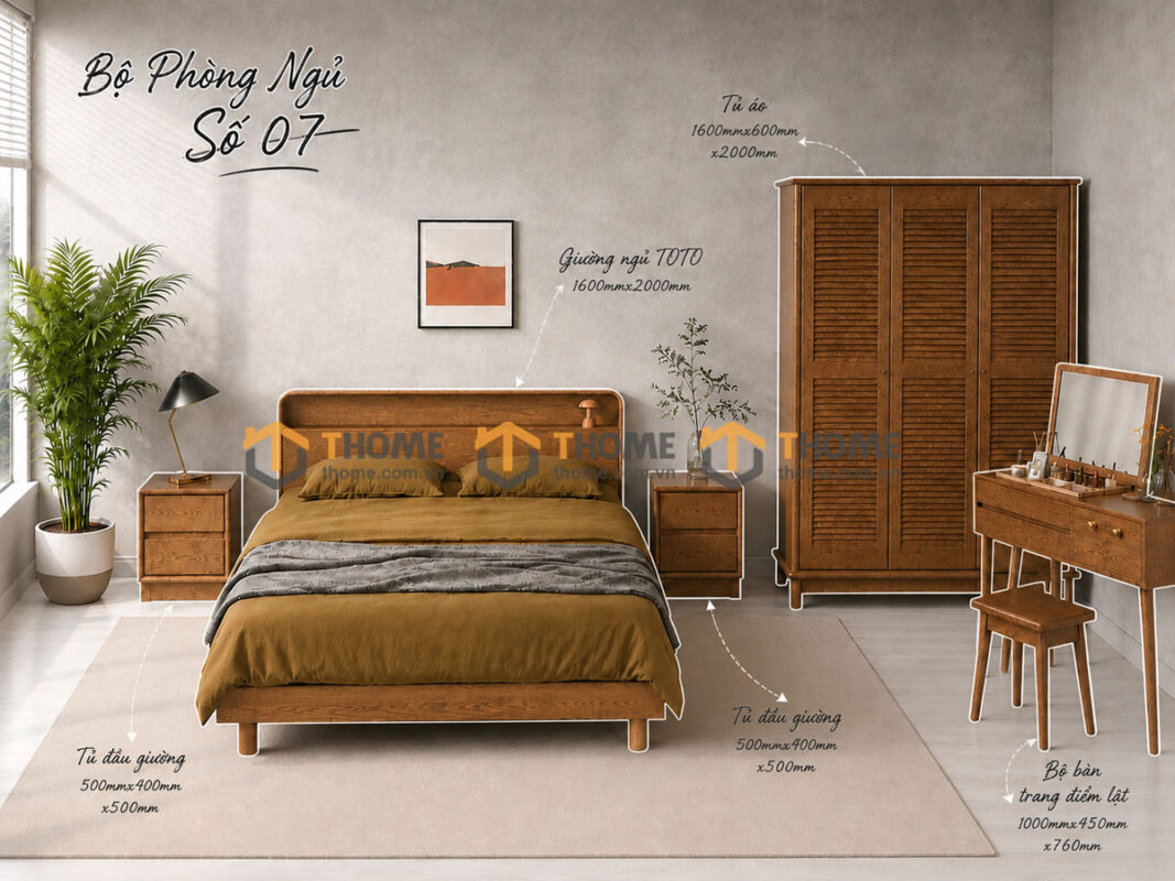 Bộ Phòng Ngủ Số 07 Gỗ Sồi Tự Nhiên Giường Toto TKPN-07SN