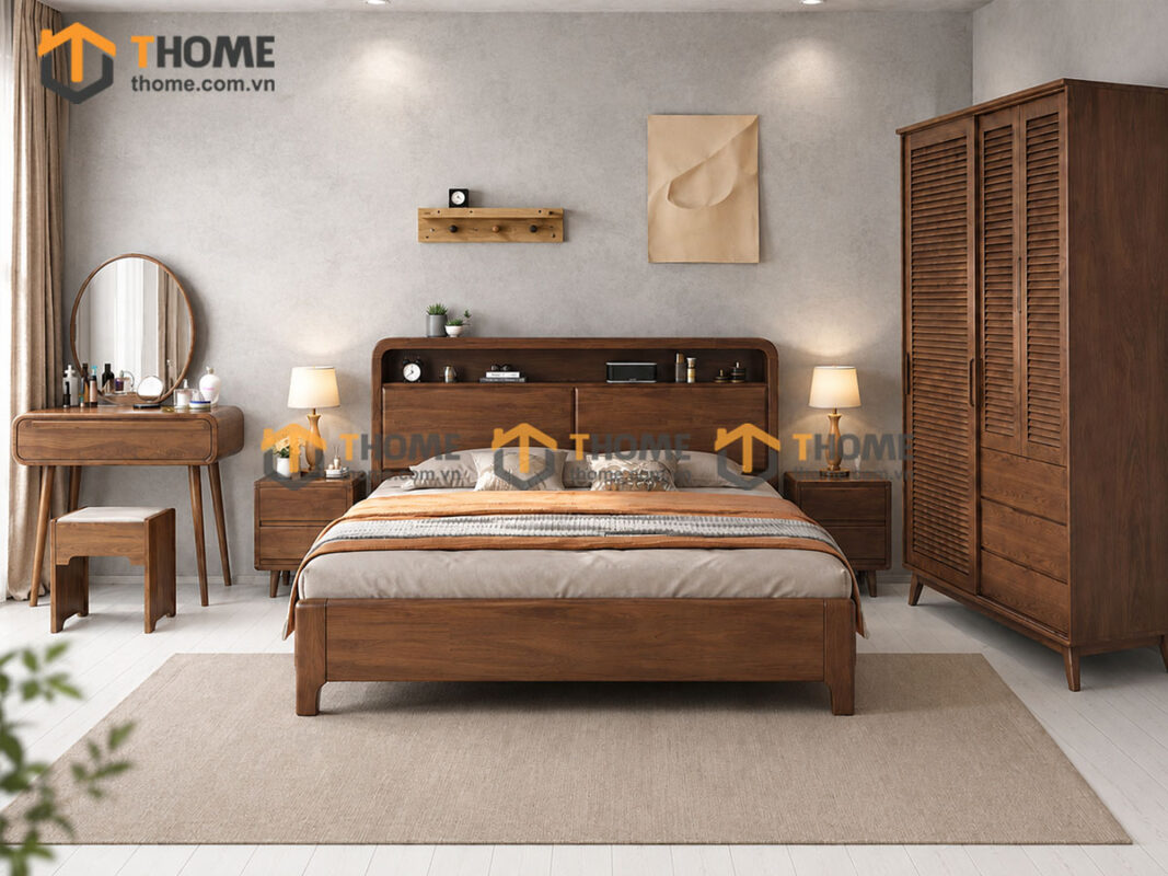 Bộ Phòng Ngủ Số 08 Gỗ Sồi Tự Nhiên Giường Toto Đầu Gỗ TKPN-08SN