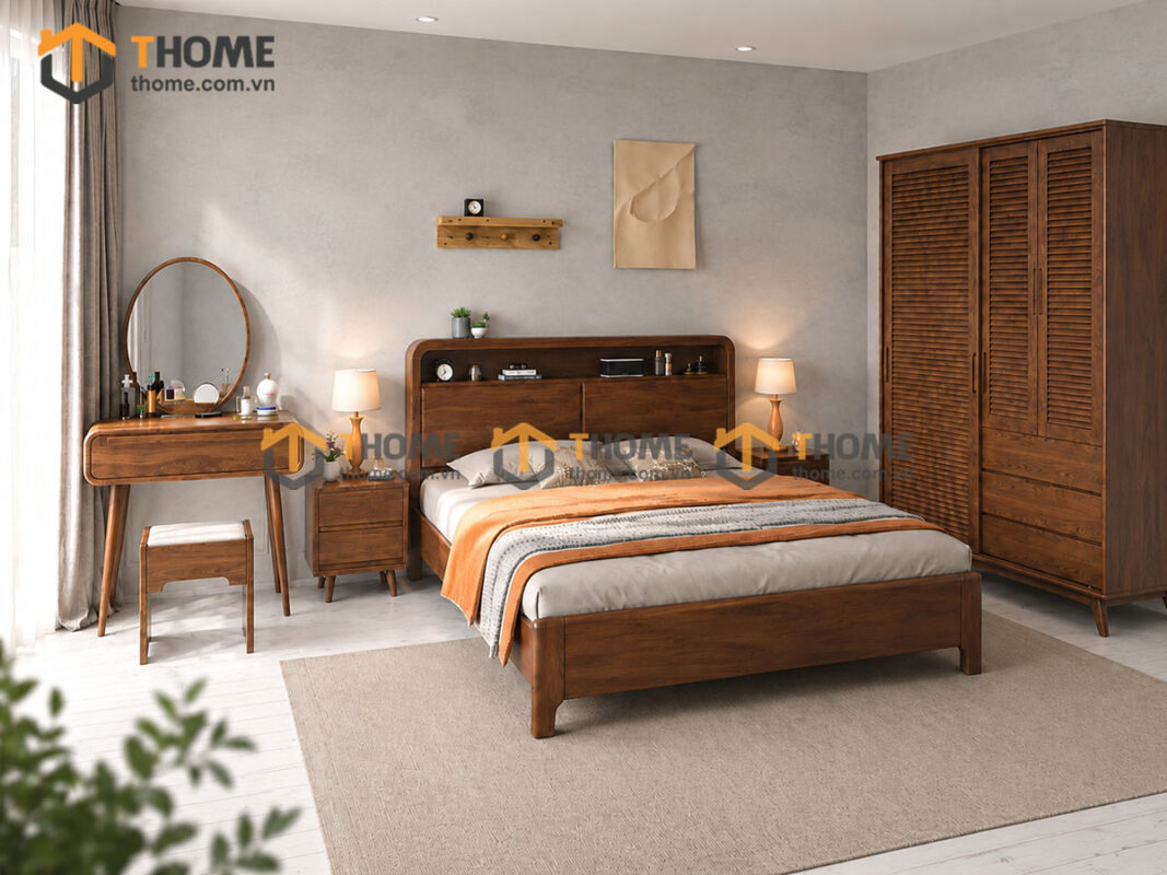 Bộ Phòng Ngủ Số 08 Gỗ Sồi Tự Nhiên Giường Toto Đầu Gỗ TKPN-08SN