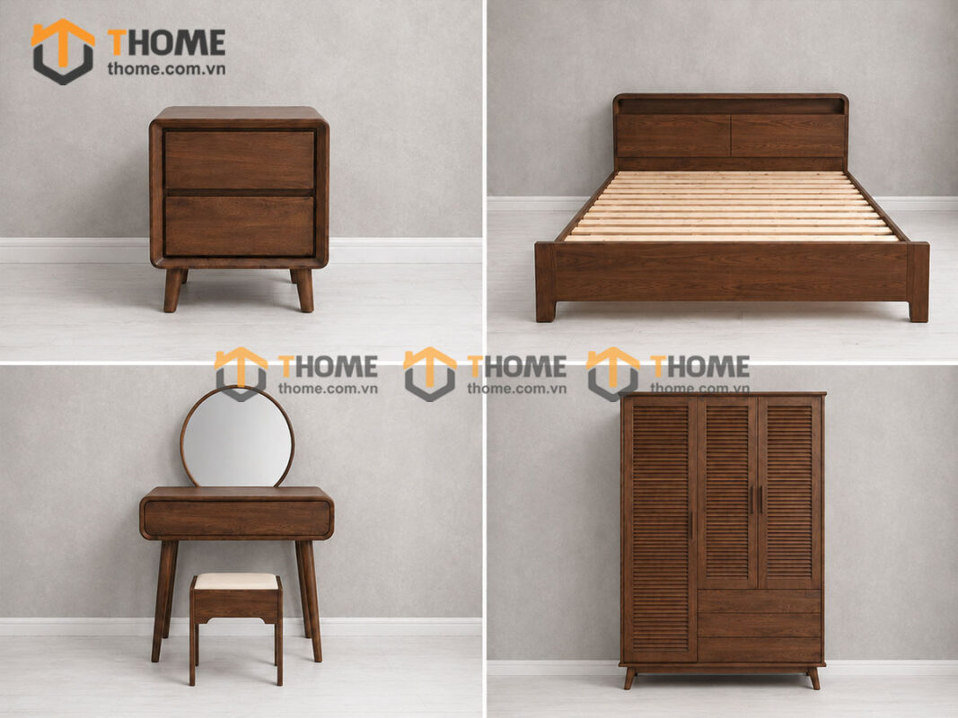 Bộ Phòng Ngủ Số 08 Gỗ Sồi Tự Nhiên Giường Toto Đầu Gỗ TKPN-08SN