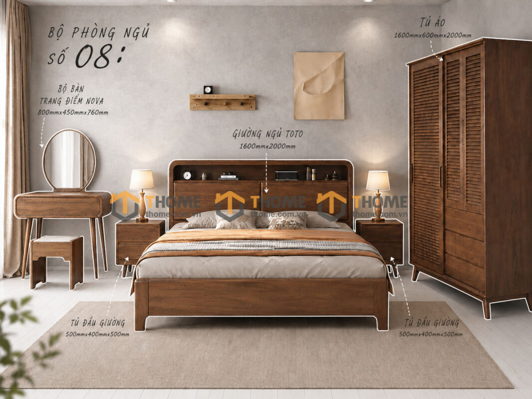 Bộ Phòng Ngủ Số 08 Gỗ Sồi Tự Nhiên Giường Toto Đầu Gỗ TKPN-08SN
