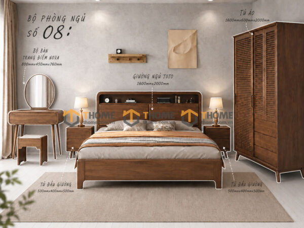 Bộ Phòng Ngủ Số 08 Gỗ Sồi Tự Nhiên Giường Toto Đầu Gỗ TKPN-08SN