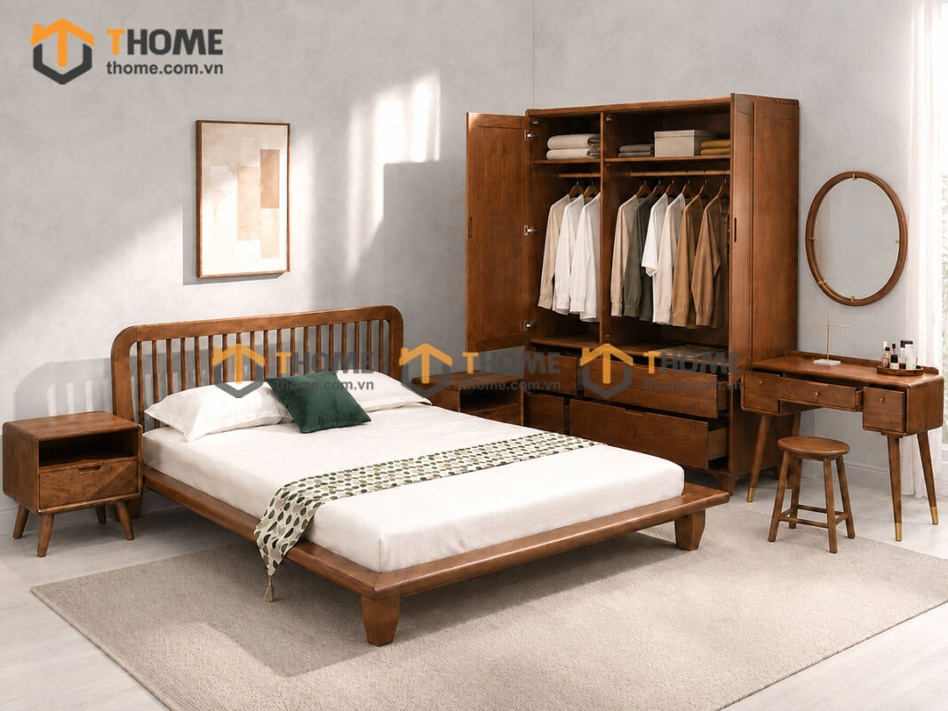 Bộ Phòng Ngủ Số 09 Gỗ Sồi Tự Nhiên Giường Polo TKPN-09SN