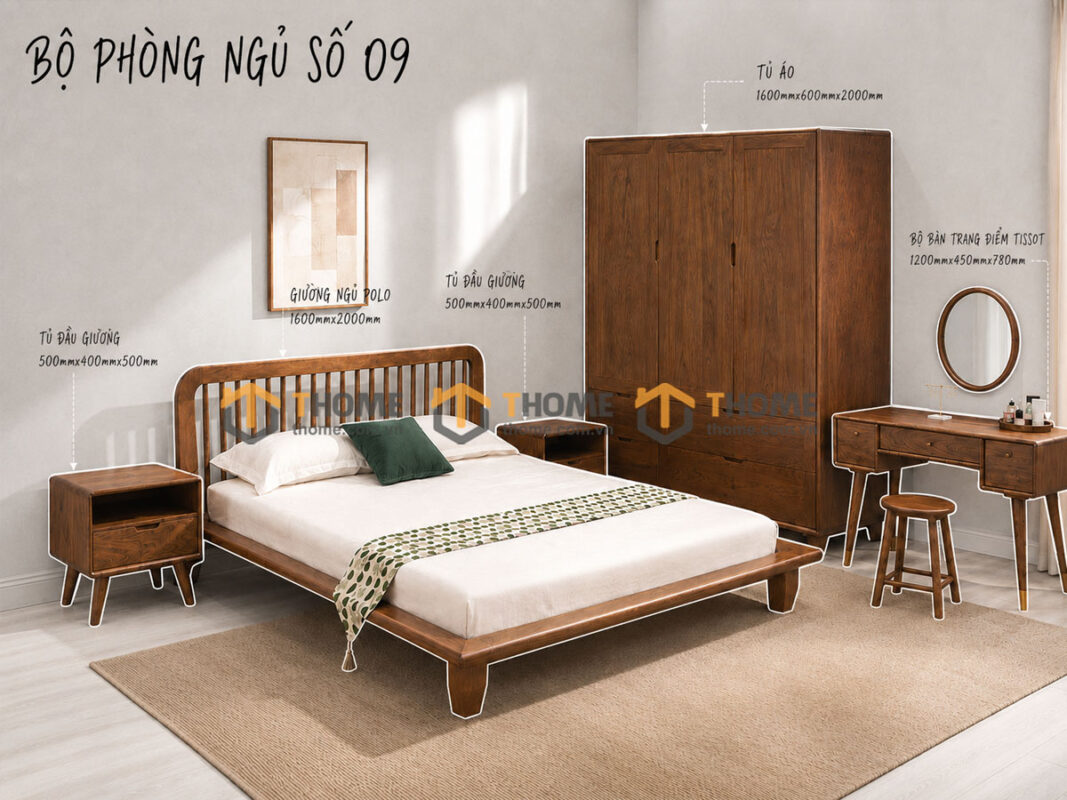 Bộ Phòng Ngủ Số 09 Gỗ Sồi Tự Nhiên Giường Polo TKPN-09SN