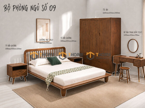 Bộ Phòng Ngủ Số 09 Gỗ Sồi Tự Nhiên Giường Polo TKPN-09SN
