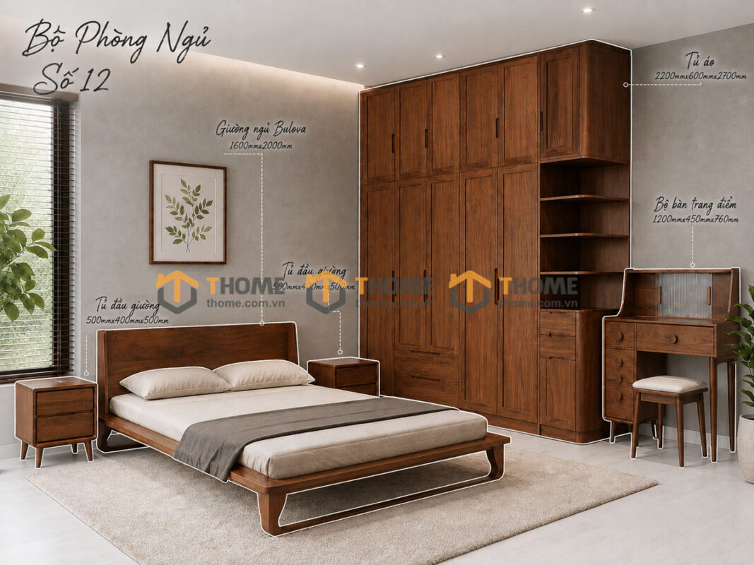 Bộ Phòng Ngủ Số 12 Gỗ Sồi Tự Nhiên Giường Bulova TKPN-12SN