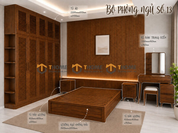 Bộ Phòng Ngủ Số 13 Gỗ Sồi Tự Nhiên Giường Không Đầu TKPN-13SN