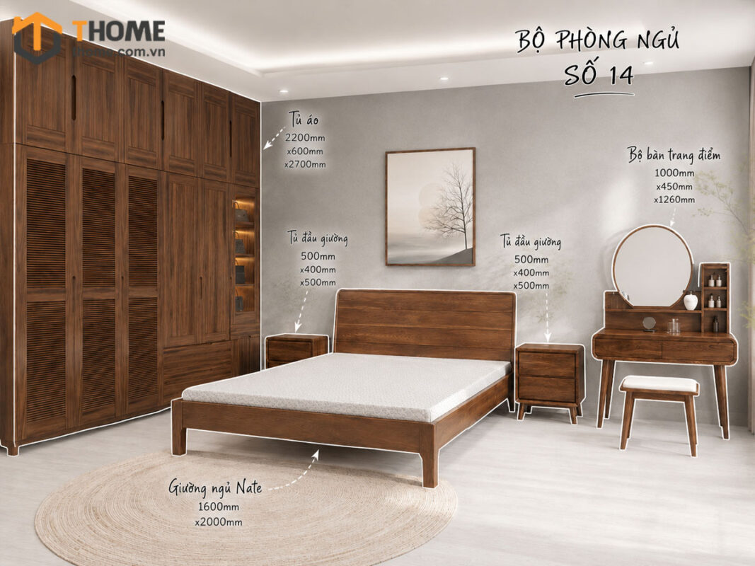 Bộ Phòng Ngủ Số 14 Gỗ Sồi Tự Nhiên Giường Nate TKPN-14SN